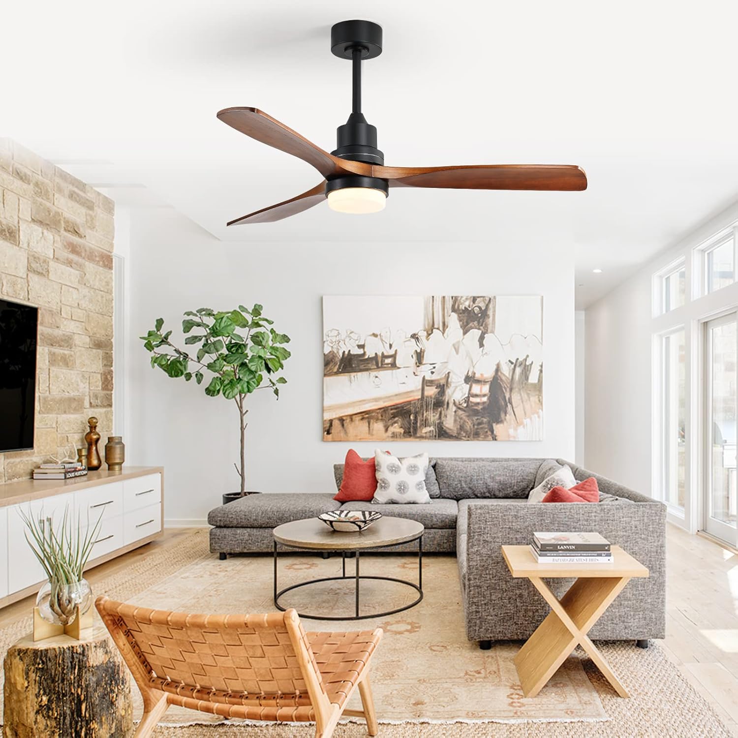 52 Inch Ceiling Fan Light with 6 Speed Remote Reversible Energy-Saving DC Motor, Dimmable LED, 3 Modes