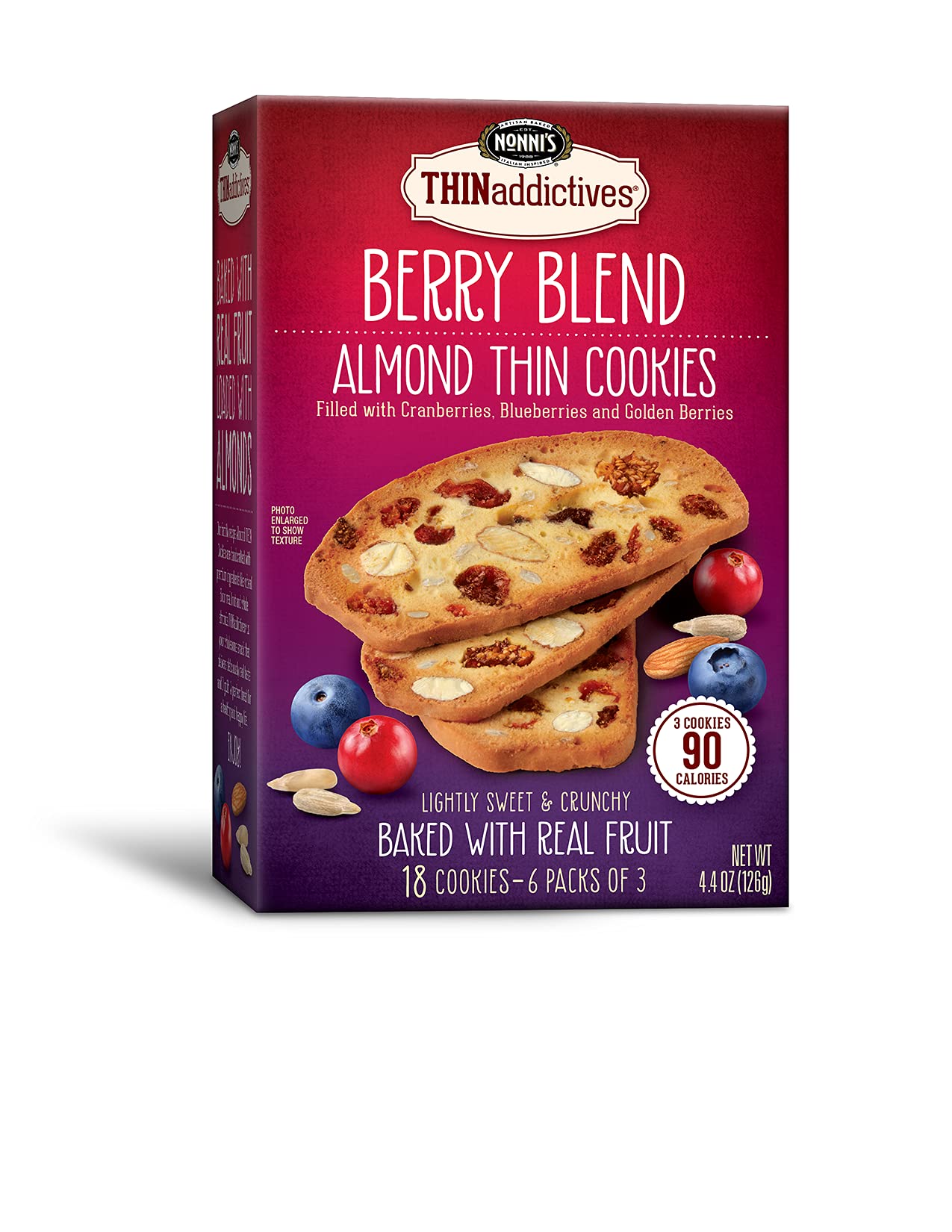 Nonni's THINaddictives Almond Thin Cookies - Berry Blend Almond Cookies - Almond Cookie Thins w/Cranberries Blueberries Goldenberries Raisins Sunflower Seeds - Kosher - 4.4 oz
