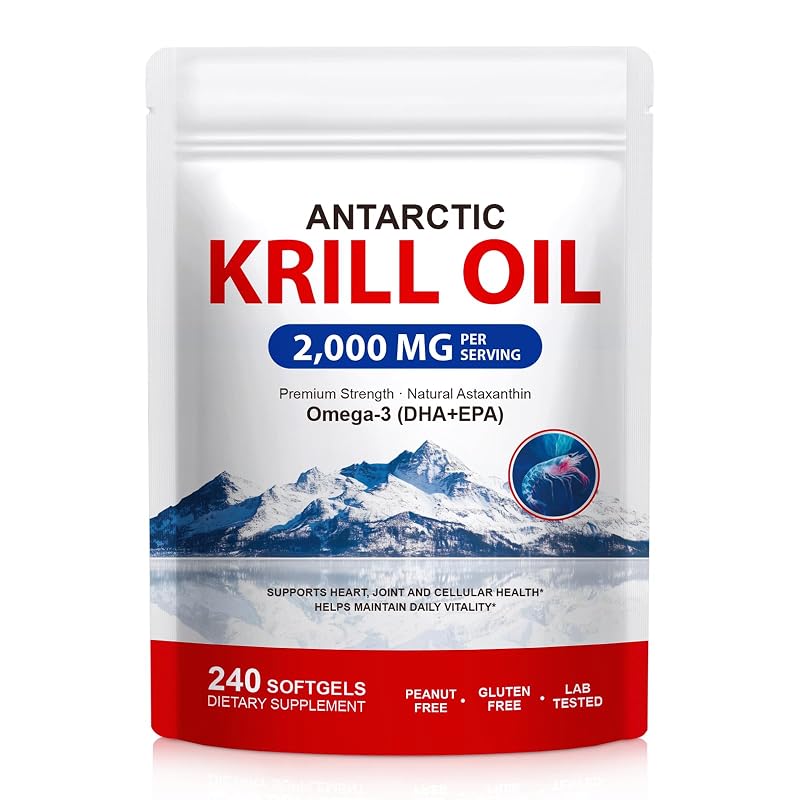 YLXYZUAD Suplemento de Óleo de Krill Antártico 2000 mg com Astaxantina 800 mcg, Ômega-3 500 mg, EPA 240 mg, DHA 160 mg e Fosfolipídios 400 mg, 240 cápsulas