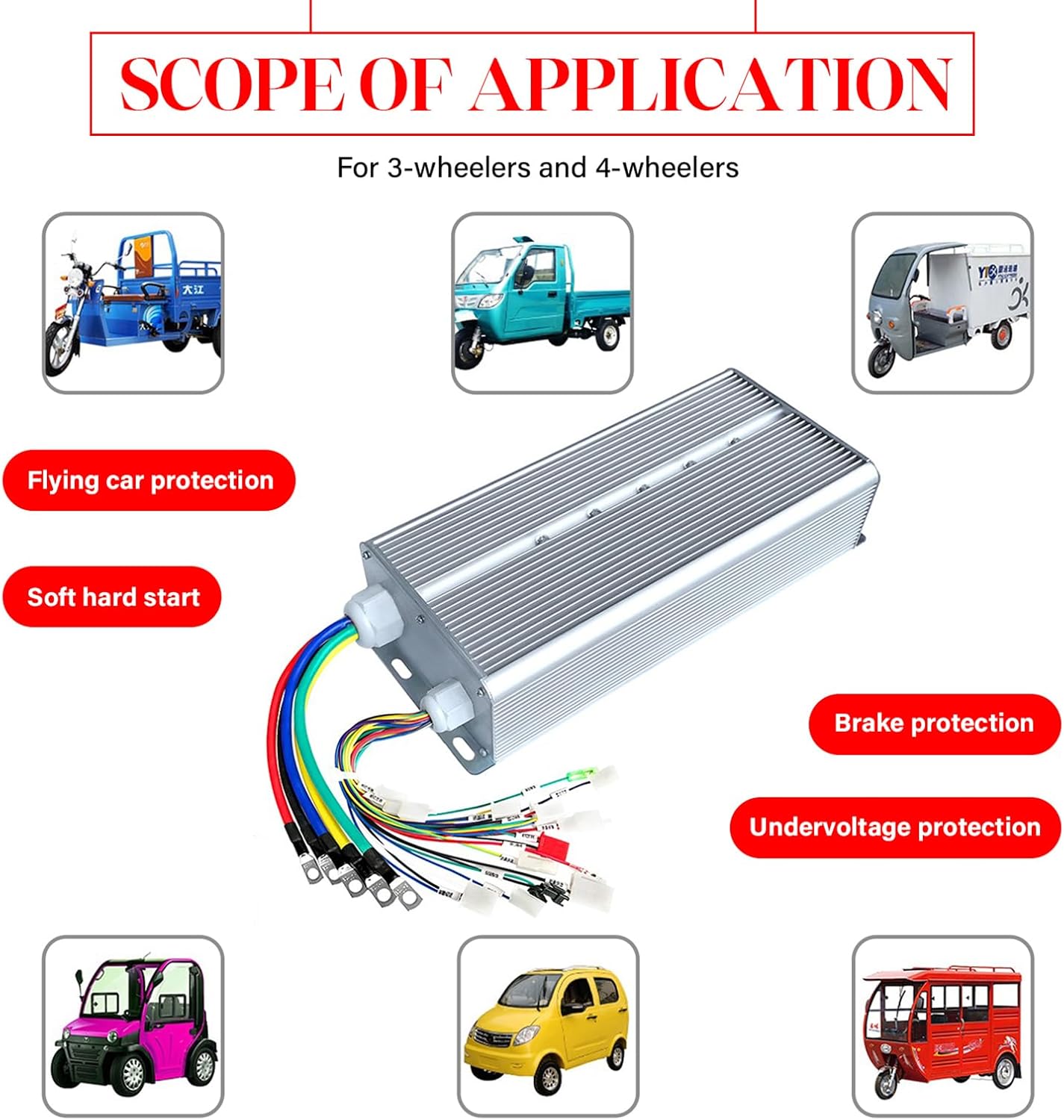 4000W Electric Tricycle Motor Controller 60V-72V Intelligent Brushless Controller 36 Power Tubes High Power Motor Controller for Electric Tricycle, Quad Bike, Scooter, Scooter