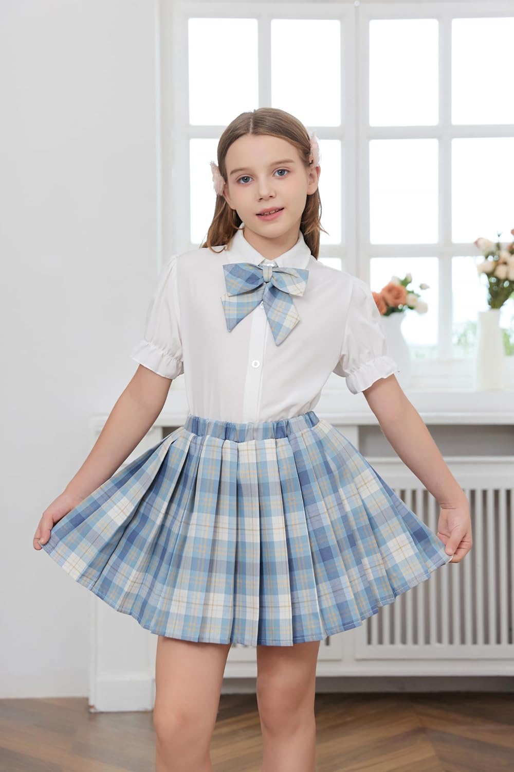 Betusline Girls Skirt Set JK School Uniform 2-Piece Outfit - Short Sleeve Shirt with Bow & Pleated Skirt 4T-14Y