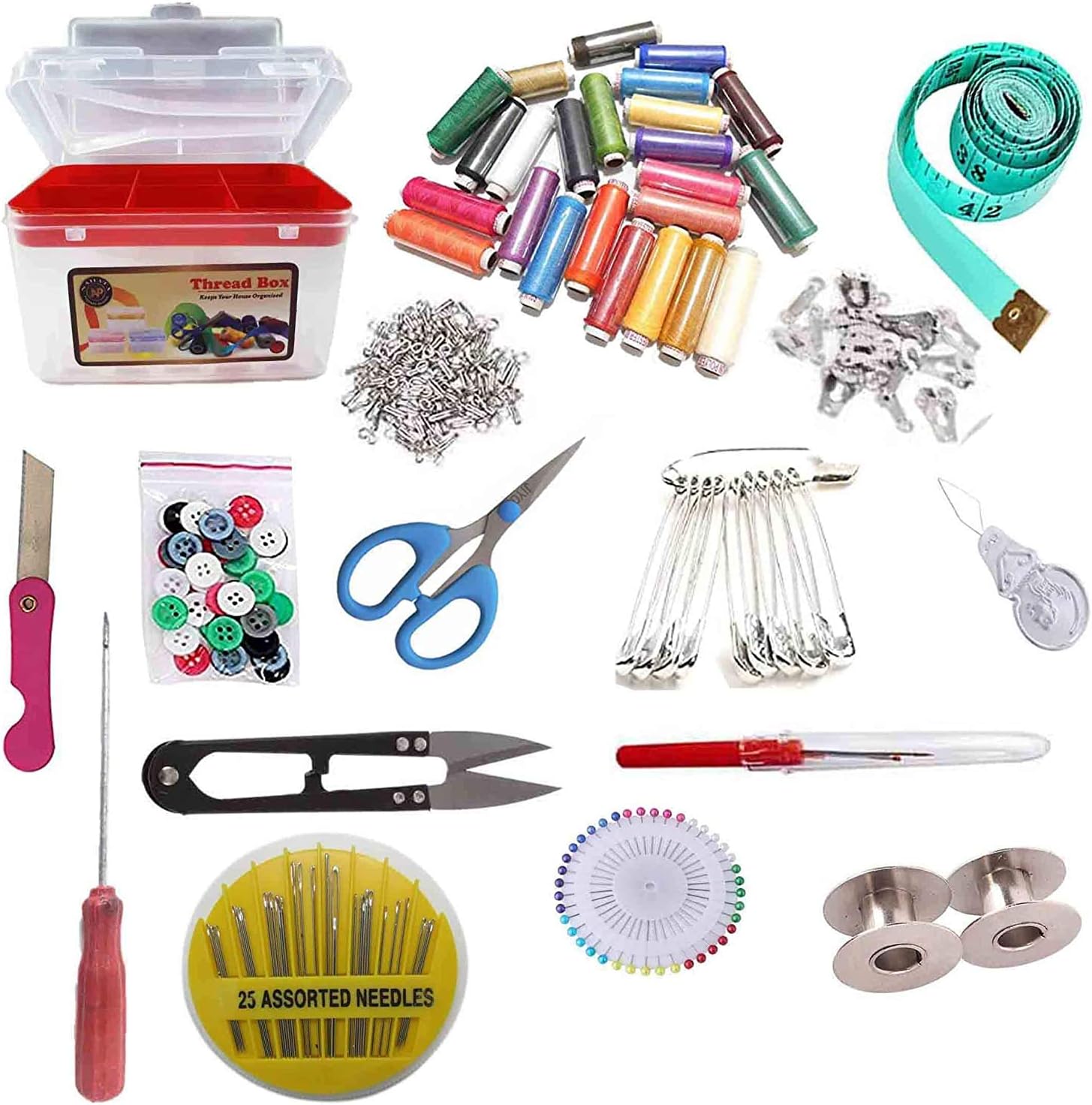 S2N Sewing Kit Set 3 Layer Sewing Box with 24 Sewing Thread and Other 15 Sewing Accessories (Multicolour)