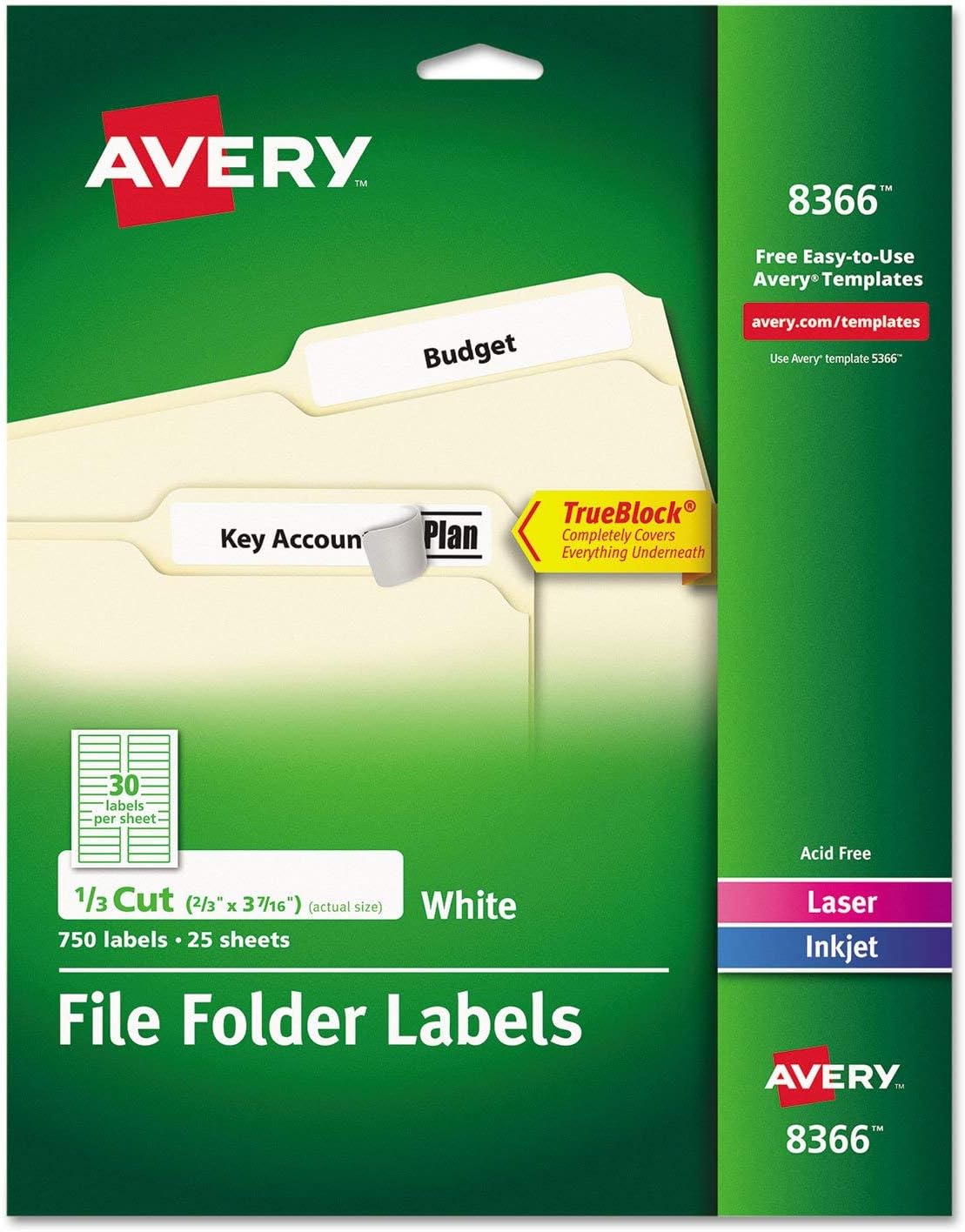 Avery 8366 Permanent Filing Labels, 1/3 Cut, 750/Pk, White