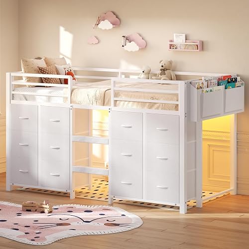 Gemee Twin Size Low Loft Bed for Kids with 12 Storage Drawers & RGB LED Lights, Metal Loft Bed Frame with 11" High Guardrail, Wide Ladder, Under-Bed Play Space, White