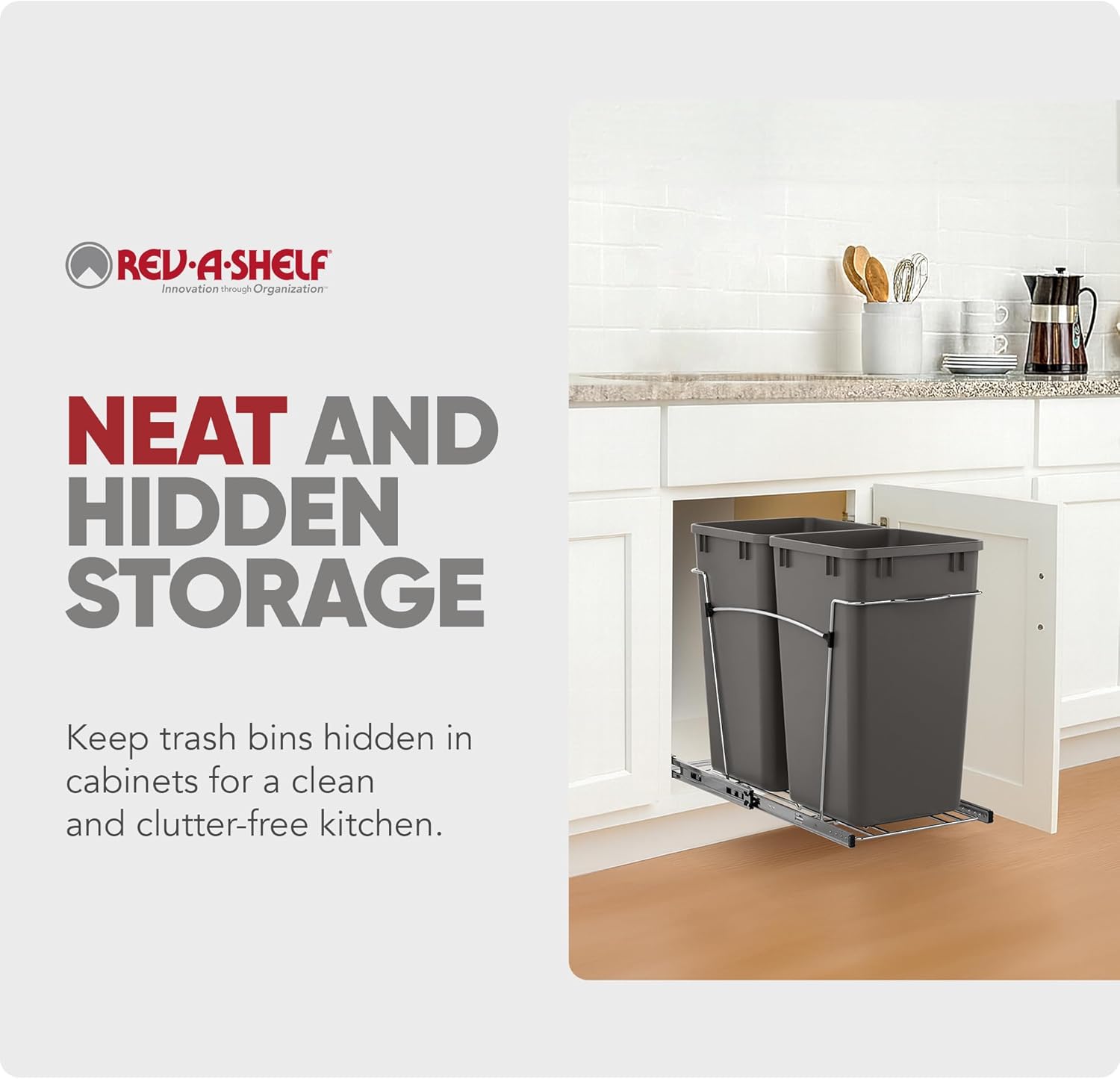 Rev-A-Shelf Pullout Trash Can for Kitchen Cabinets 27 Qt Garbage Waste Recycling Bin with Full Extension Slides, Orion Gray, RV-15KD-13C-S