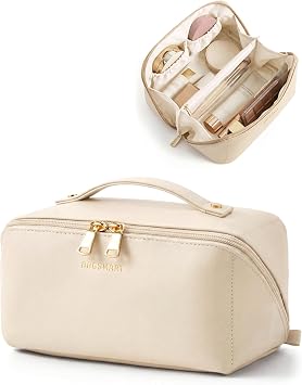 BAGSMART Travel Makeup Bag, Flat Lay Make Up Case, PU Leather Waterpoof Cosmetic Organiser with Clear Pocket for Brushes, Small Toiletry Bag with Handle, Essential for Women, Beige