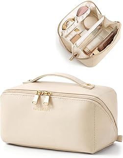 Travel Makeup Bag, Flat Lay Make Up Case, PU Leather Waterpoof Cosmetic Organiser with Clear Pocket for Brushes, Small Toiletry Bag with Handle, Essential for Women, Beige