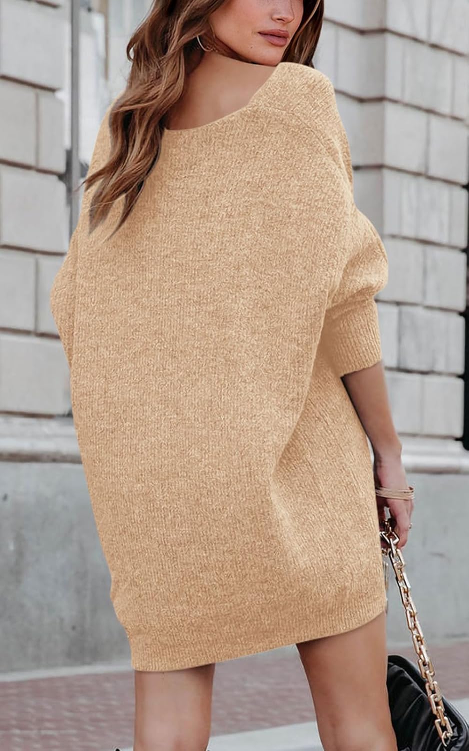 PRETTYGARDEN Women's Pullover Sweater Dress Casual Long Sleeve Ribbed Knit V Neck Loose Oversized Sweaters Dresses