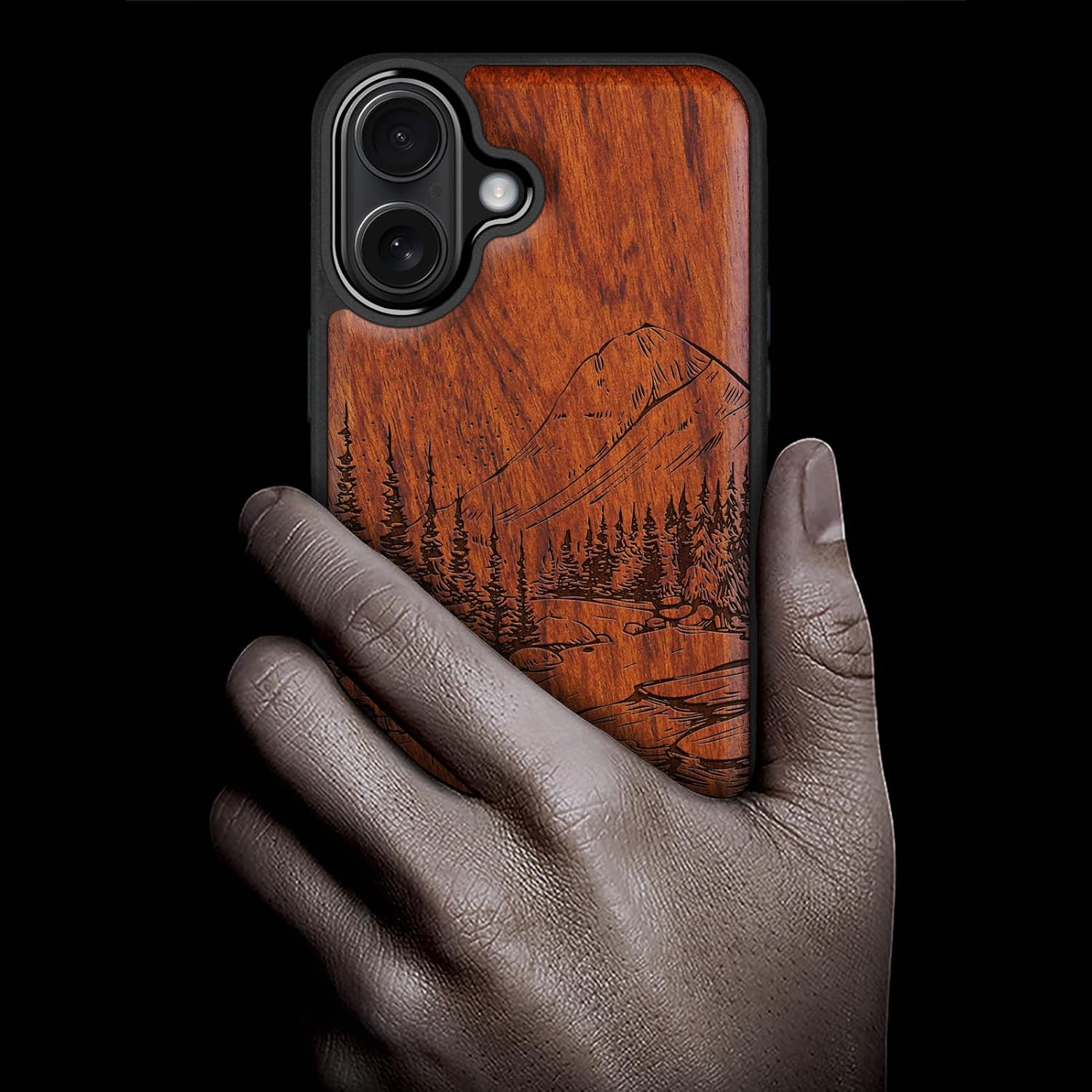 Carveit Magnetic Wooden Case for iPhone 16 Case, Wood Artisan Engraved & Black Soft TPU Shockproof Cover, Compatible with MagSafe Wireless Chargers (Lake & Mountain) Rosy