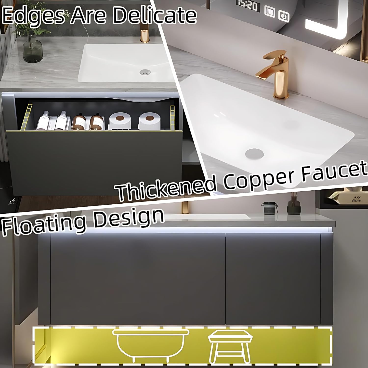 62IN Modern Bathroom Vanity - Smart Bathroom Cabinet | Body Sensor Light, Large Storage Capacity & Smart LED Defogging Mirror, Rock Countertop with Seamless Basin (Style A)