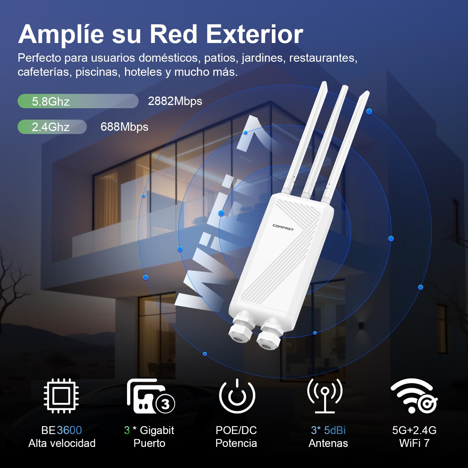 COMFAST BE3600 Amplificador de señal WiFi 7, Punto de Acceso Inalámbrico, Antena WiFi Exterior y Largo Alcance de Alta Potencia, IP66/PoE/3 Antenas para Granjas, Jardines, autocaravanas y campings