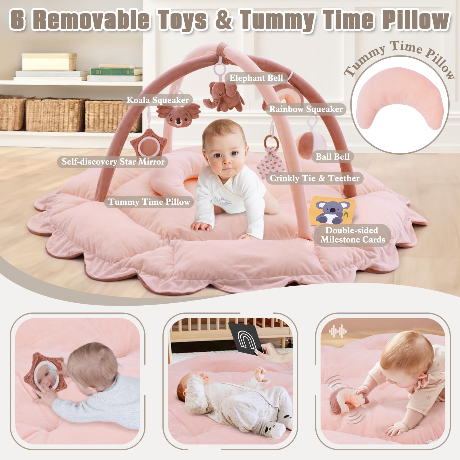 5-in-1 Plush Baby Play Gym, Baby Play Mats, Convertible Baby Gym with Pillow, Tummy time mat, 6 Sensory Toys, Baby Activity Center from Newborn to Toddler, Pet Bed, Cat & Dog Bed, Ball Pit, Pink