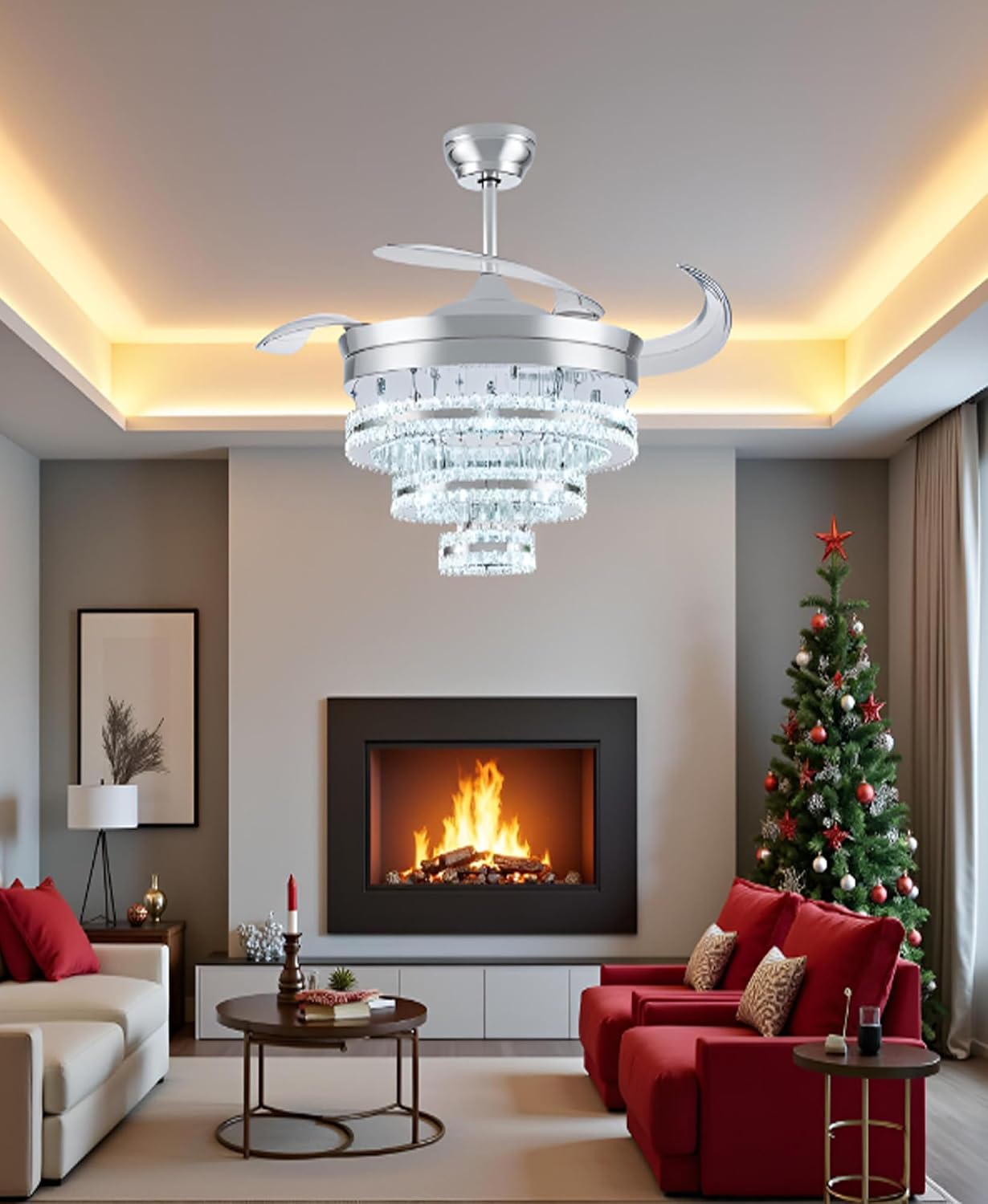 42" Crystal Chandelier Ceiling Fan, Retractable Fan with Remote & App Control, LED Light, Quiet DC Motor, 6 Speed, Fandelier Ceiling Fan for High Ceiling, Bedroom Living Room