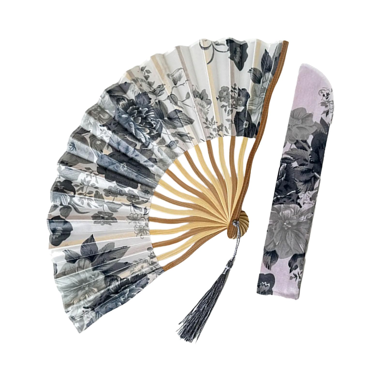 Portable Chinese Silk Fabric Floral Handheld Fan with Tassel and Sleeves for Dance Performance and Home Decoration
