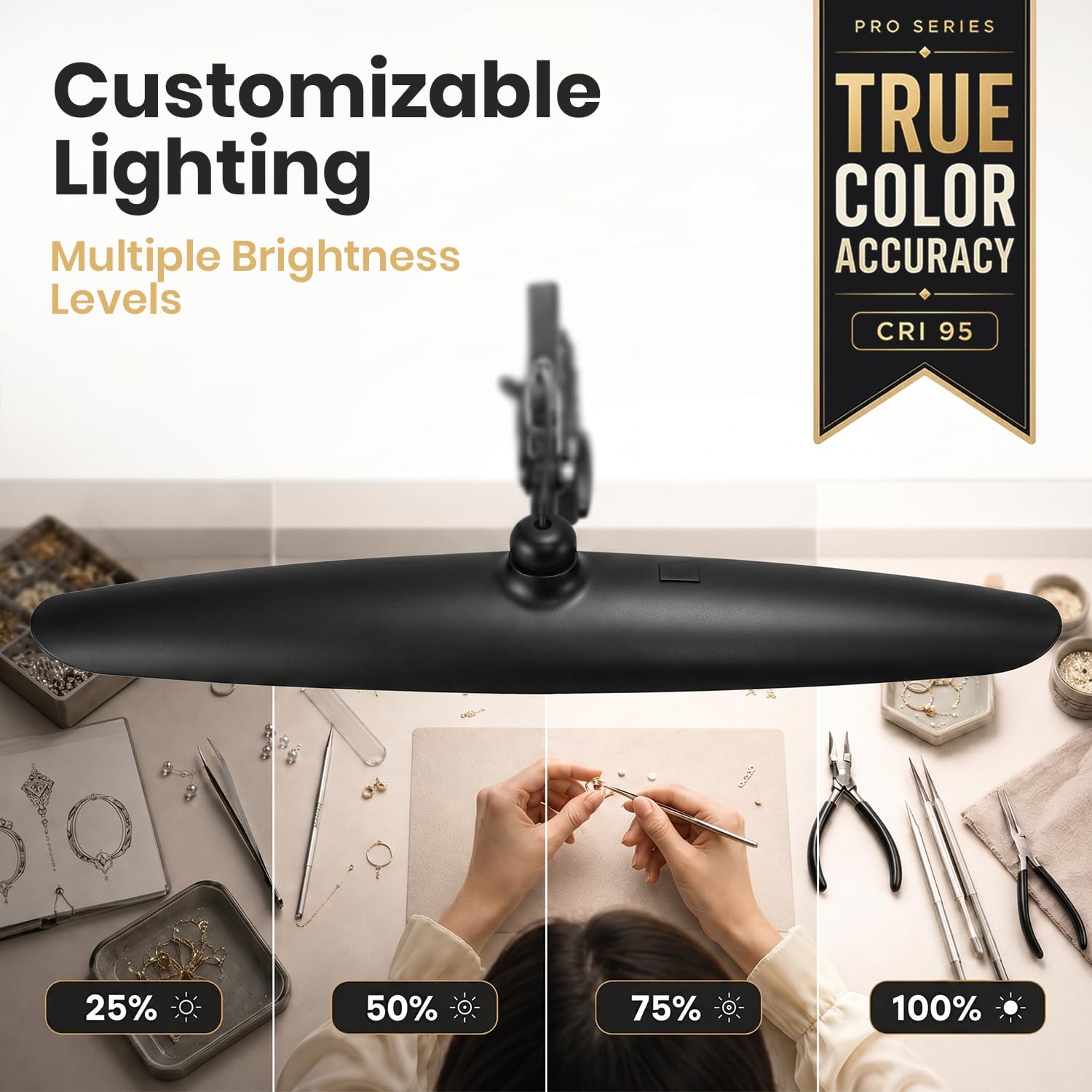 Neatfi Pro Series XL Lampada da Scrivania LED | 2.200 Lumen | 24W | CRI 95 | Barra Luminosa da 51 CM | Dimmerabile | Braccio Regolabile | Casa, Ufficio, Hobby Creativi (Nero, Senza CCT con morsetto)