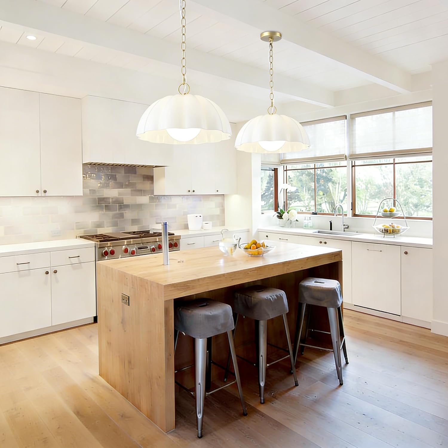 16 Inch Milk Glass Pendant Light Fixtures Mid Century, Hanging Opal Flower Pendant Light Kitchen Island, Hallway, Entryway, Bedroom, Dome Chandelier Dining Room Light Fixture Over Table