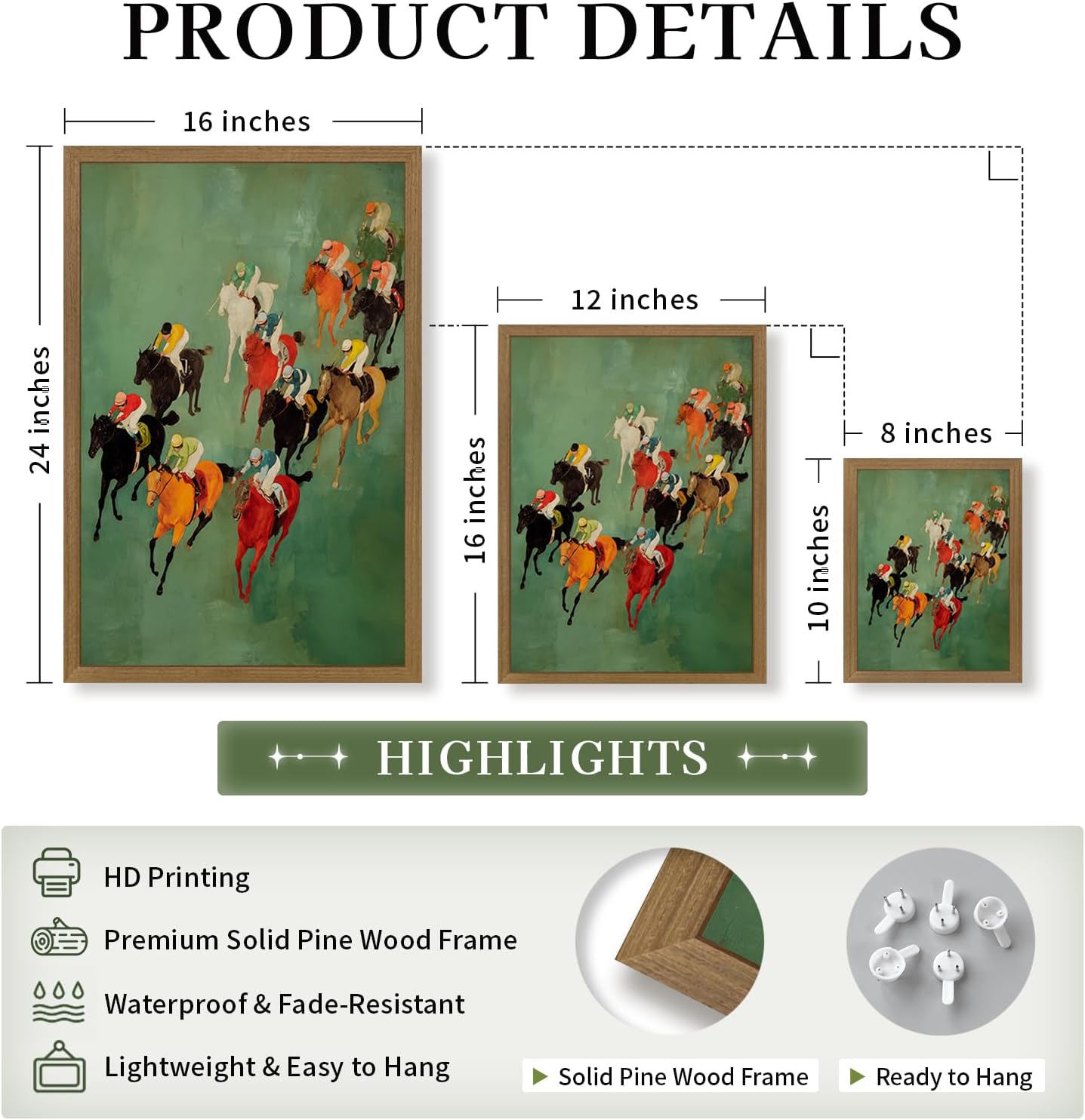 Horse Racing Canvas Wall Art Colorful Jockeys Wall Pictures Modern Equestrian Home Decor Horse Racing Oil Painting Western Prints Poster for Living Room Bedroom Office 12x16 Inch Framed image 3