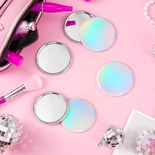 Miniatura 5 de Qunclay 12 piezas de 2.76 pulgadas holográfico iridiscente compacto espejo redondo de maquillaje a granel mini espejo de bolsillo de vidrio para