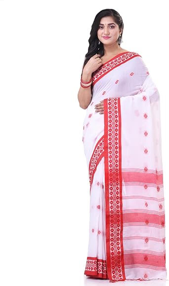 dB DESH BIDESH Women`s Traditional Bengal Handloom Cotton Saree Red Diamond Design With Blouse Piece 6.3 Mtr Red White