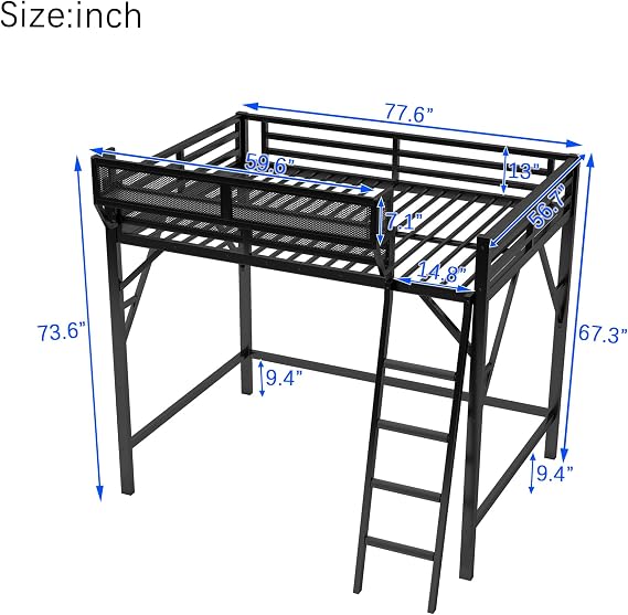 KEIKI Full Size Metal Loft Bed Frame with Ladder and Built-in Storage Shelves, for Teens, Modern Style Loft Bed with Solid Slats, Guardrail, No Box Spring Required, Easy Assembly, for Bedroom, Black