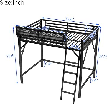 KEIKI Full Size Metal Loft Bed Frame with Ladder and Built-in Storage Shelves, for Teens, Modern Style Loft Bed with Solid Slats, Guardrail, No Box Spring Required, Easy Assembly, for Bedroom, Black