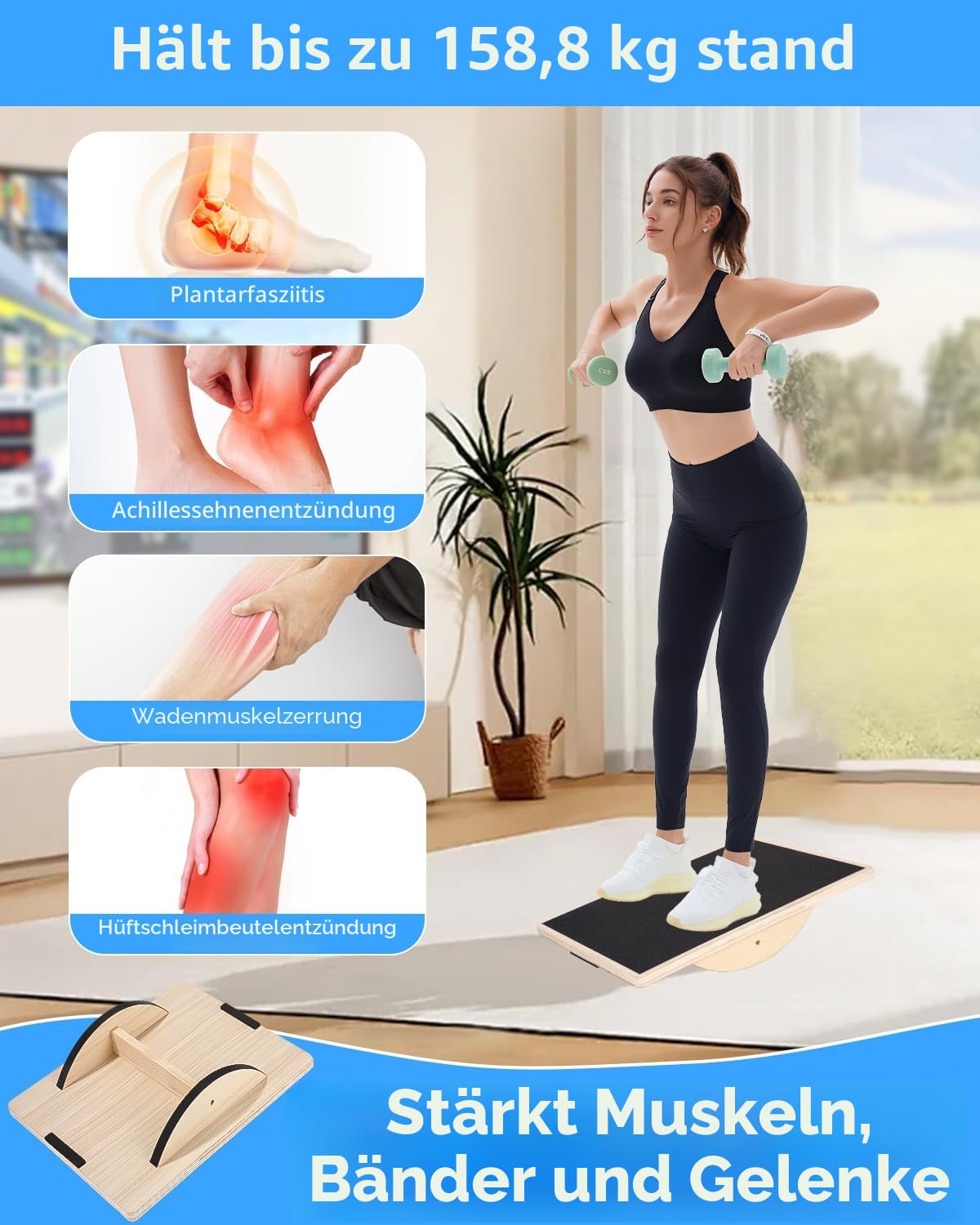 Rutschfestes Balance Board, Balance Board aus Holz für Erwachsene, Gleichgewichtstrainer für das Training der Rumpfmuskulatur, Stabilitätstraining und Dehnübungen für die Beine