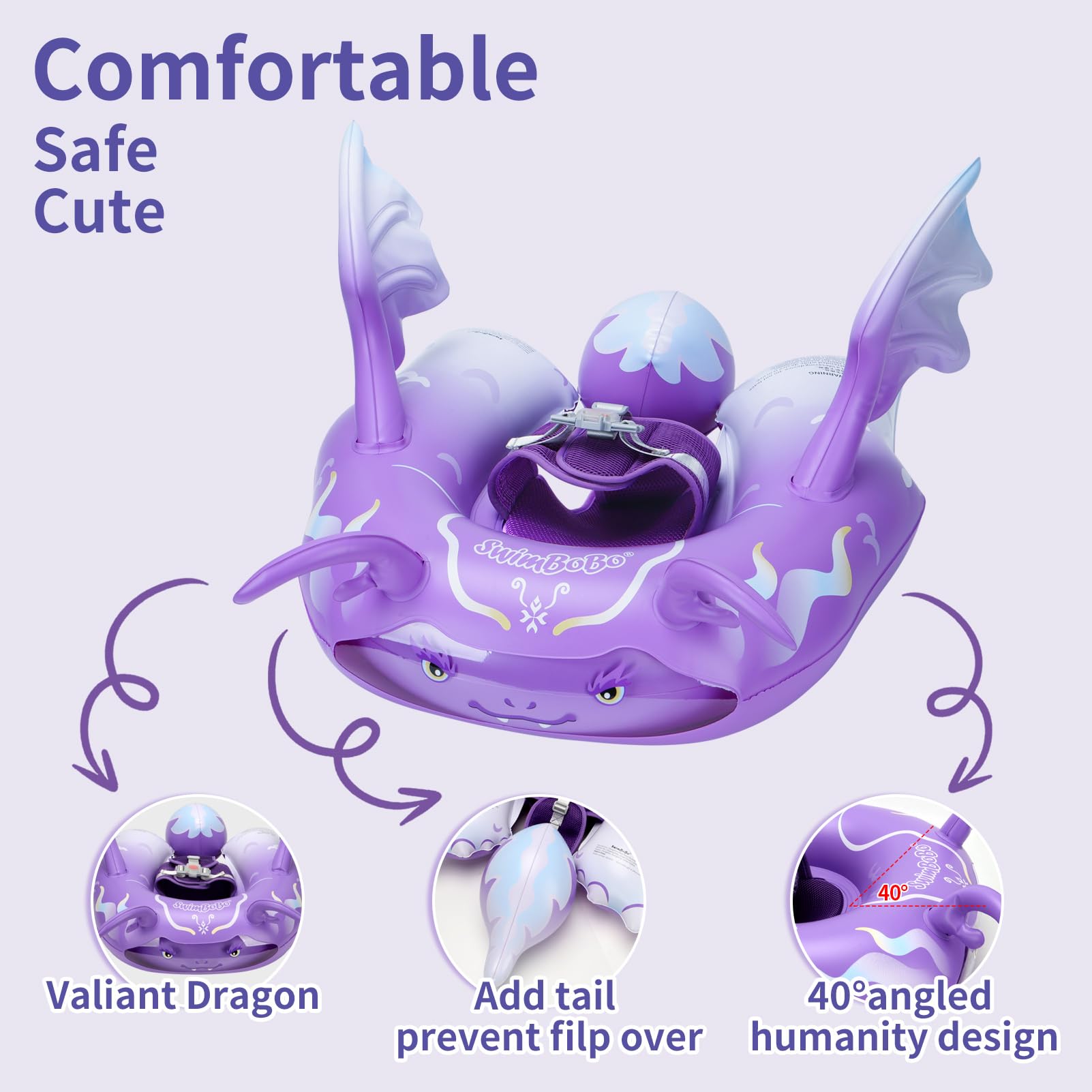 Swimbobo Baby Pool Float Inflatable Infant Swimming Floats with Adjustable Seat,Size Improved Add Tail Avoid Filp Over Pool Splash & Play Toys for Kids Ages 6-36 Months (Purple Dragon) - Image 2