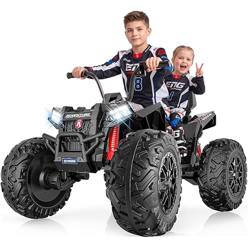 Kids ATV 4 Wheeler, 24V 4WD Ride On Toys Car for Big Kids 4-16, 800W Electric Vehicle Quad Max 7.5Mph w/XXXL EVA Tires, Sturdy Frame, 2 Seater, Soft Start, Shock Absorber, Bluetooth, LED Lights, Black