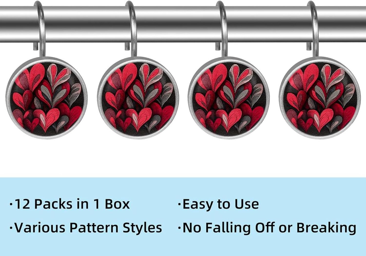 Hearts (1) Rolling Shower Curtain Hooks,Clear Crystal Glass Art Decorative Stainless Bath Bathroom Set 12 Pcs