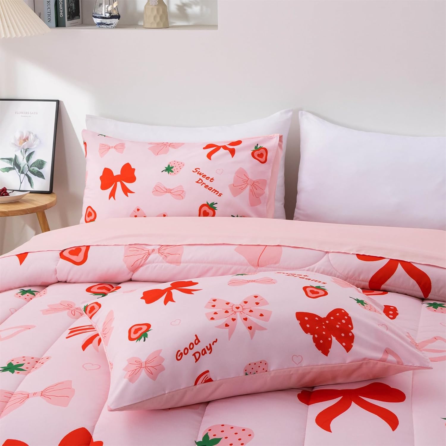 Aimuan Red Bow Comforter Set Blush Bowknot Bedding Set for Girls Kids Princess Style Strawberry Printed 6 Piece Bed in a Bag (Blush Red, Queen 6Pcs)