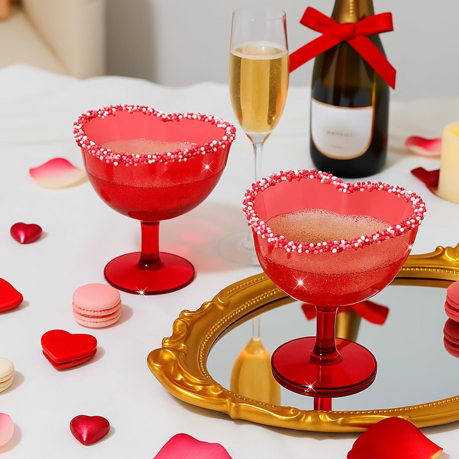 Teenyyou 6 Pcs Valentines Day Red Martini Glasses 10 oz Heart Shaped Martini Cocktail Glasses with Stem Red Acrylic Champagne Flutes Valentines Party Supply Wine Cups for Wedding New Year Party Decor