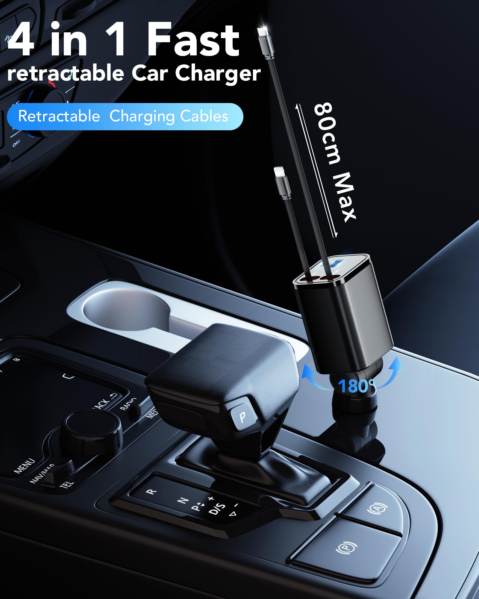 COCIVIVRE 4 in 1 Auto Ladegerät,Einziehbares Auto Schnellladegerät USB Zigarettenanzünder,Car Charger,Auto Adapter Kompatibel mit iPhone 17 Pro Max/Air/16/15/14,Galaxy,iPad,Pixel,Huawei