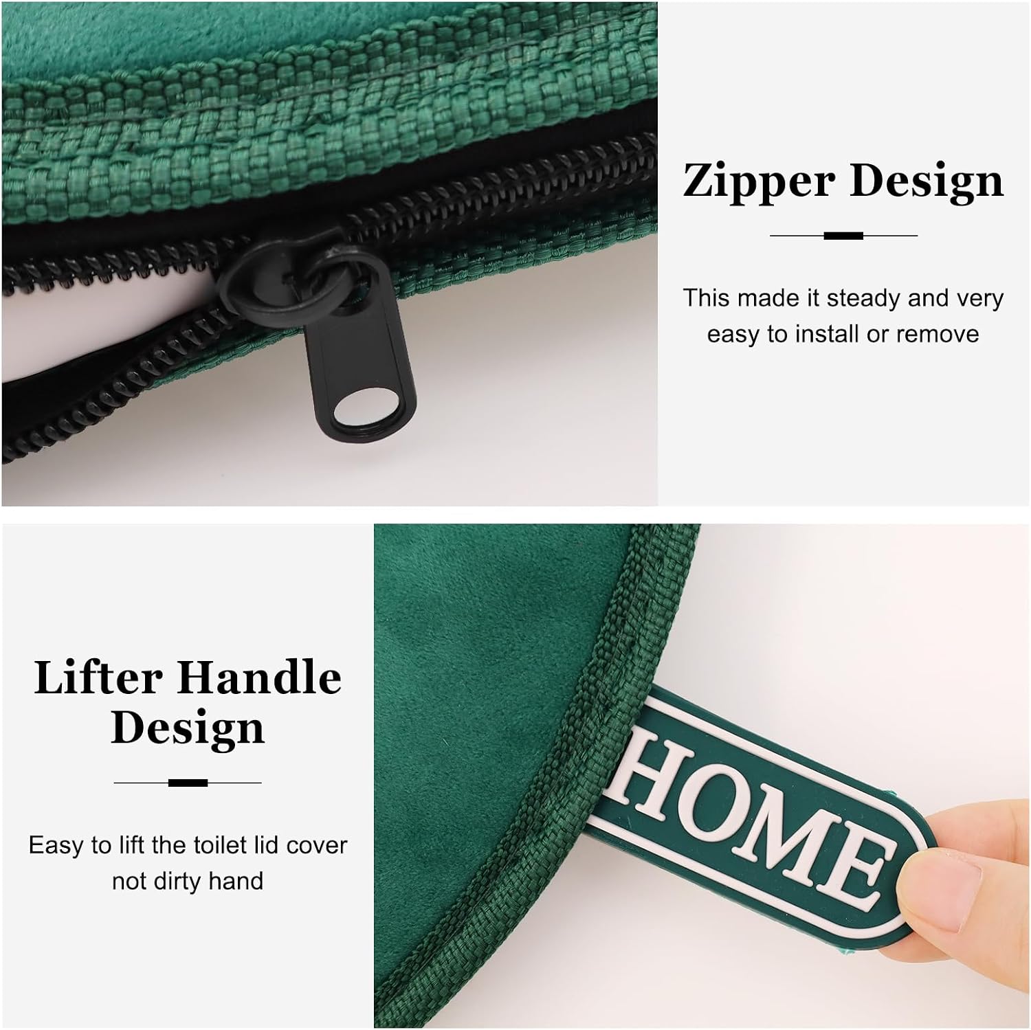 timecity 2Pcs Warmer Toilet Seat Pads with Zipper Green Toilet Seat Cover with Lifter Handle Set Washable Velvet Toilet Seat Cushion Soft Thick Toilet Seats Warmer Mat, Green