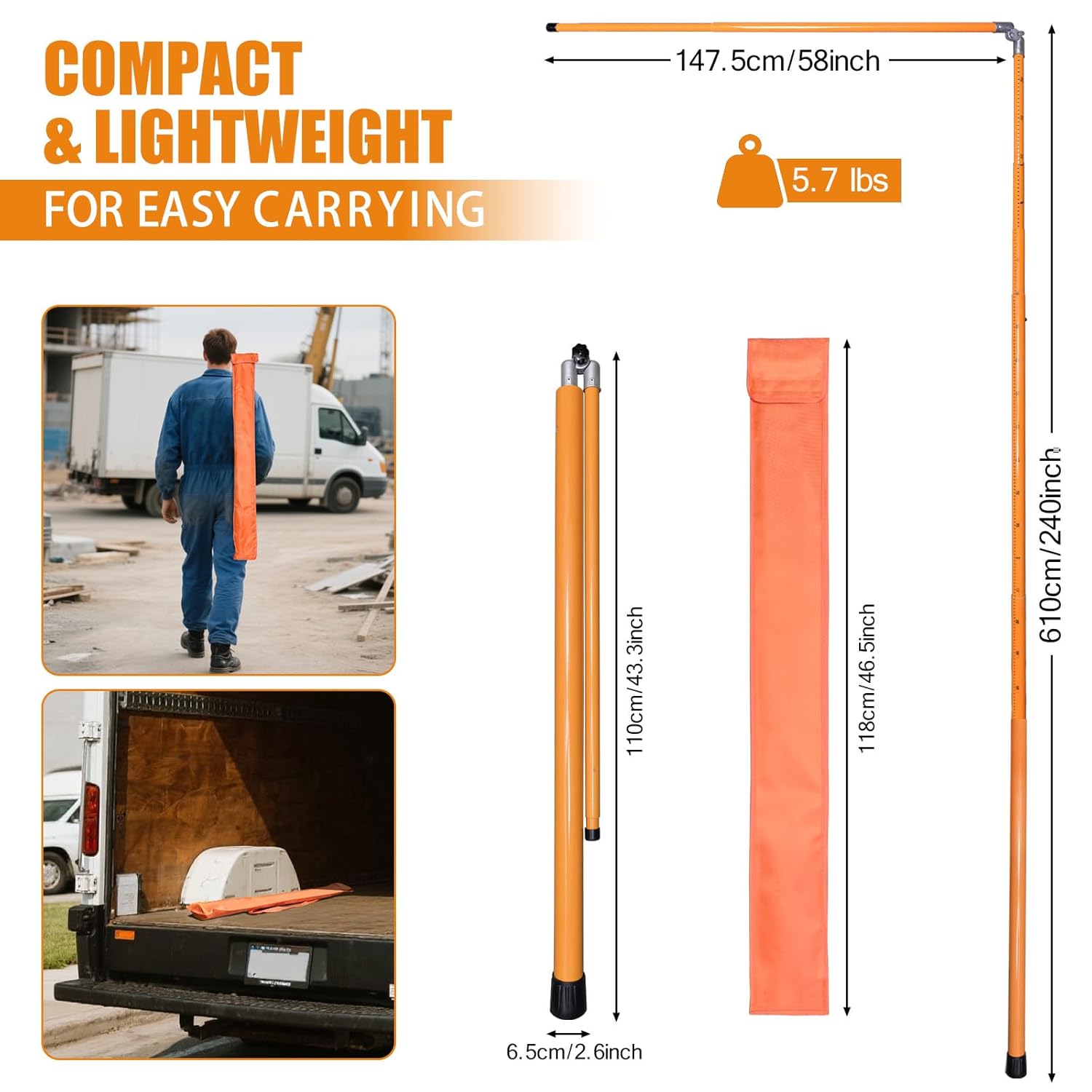 Load Height Measuring Stick, 20FT Sturdy Fiberglass Height Stick with Telescoping Pole, Non-Conductive Height Stick for Trucks with Carrying Bag,for Trucks,Trailers, Car Haulers