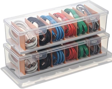 COMNICO 2 Pcs Cable Organizer Box with Lid, Clear Plastic Cord Storage Desk Organizers Desktop Cable Management Multifunctional Accessories for Home Drawer Office