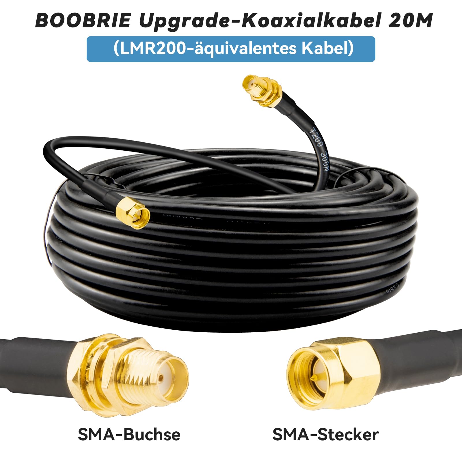 Cavo di prolunga SMA equivalente LMR200, 20 m, da maschio a femmina, cavo coassiale RF a bassa dispersione, 50 ohm, per antenna esterna, router 5G LTE, punto di accesso WLAN, radio amatoriale