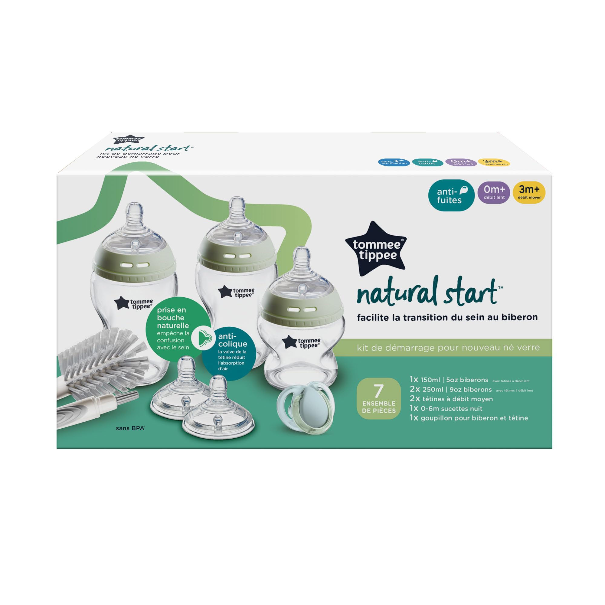 Tommee Tippee Biberon in vetro, set starter Natural Start, anti-coliche 150/250 ml, tettarelle a flusso medio per attaccamento naturale, autosterilizzante