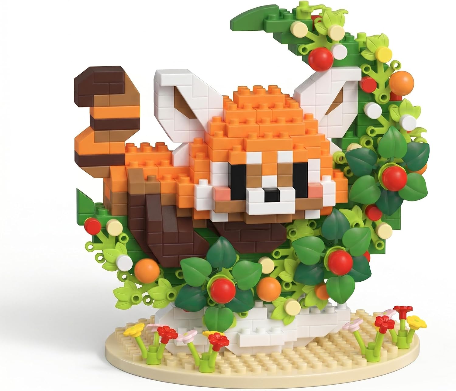 QISHOUTING Mini Moon Flowers Red Panda Building Blocks with Base,Flowers Mini Building Set,Animal Micro Building Kits,Home Office Décor Gift for Adults and Teens
