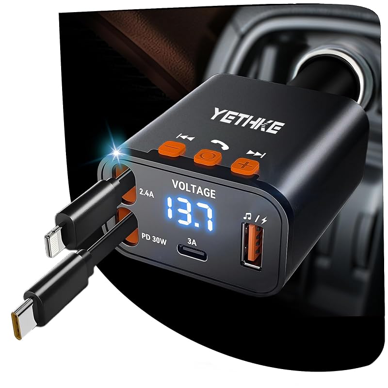 Adaptador veicular Bluetooth 5.4 com transmissor FM, carregador retrátil 69 W e 4 portas YETHKE, preto
