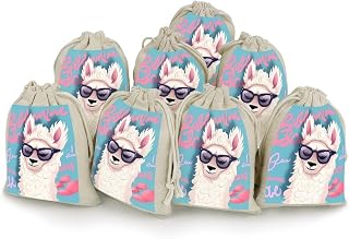 FekiLoot Cool Liama Cotton Linen Drawstring Bags Pack of 8 | Small Jewelry Organizer Pouch Portable Gift Wrap Bags Reusable Muslin Bags for Party Favors Spice Sachet Office Home Kitchen