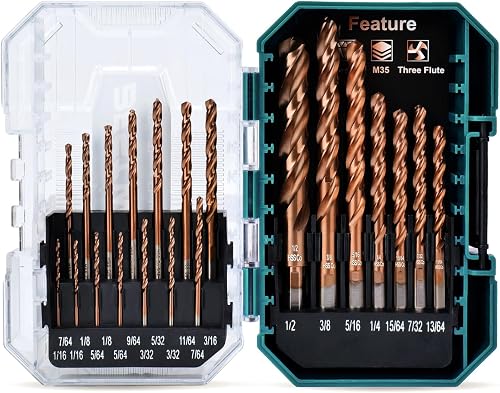 21-Piece 3-Flute Cobalt Drill Bit Set, M35 Metal Drill Bits, 1/16"-1/2" | for Metal, Steel, Hardened Steel, Stainless Steel, Cobalt Coating, 3-Flats Shank, 135° Split Point Tip, with Storage Case