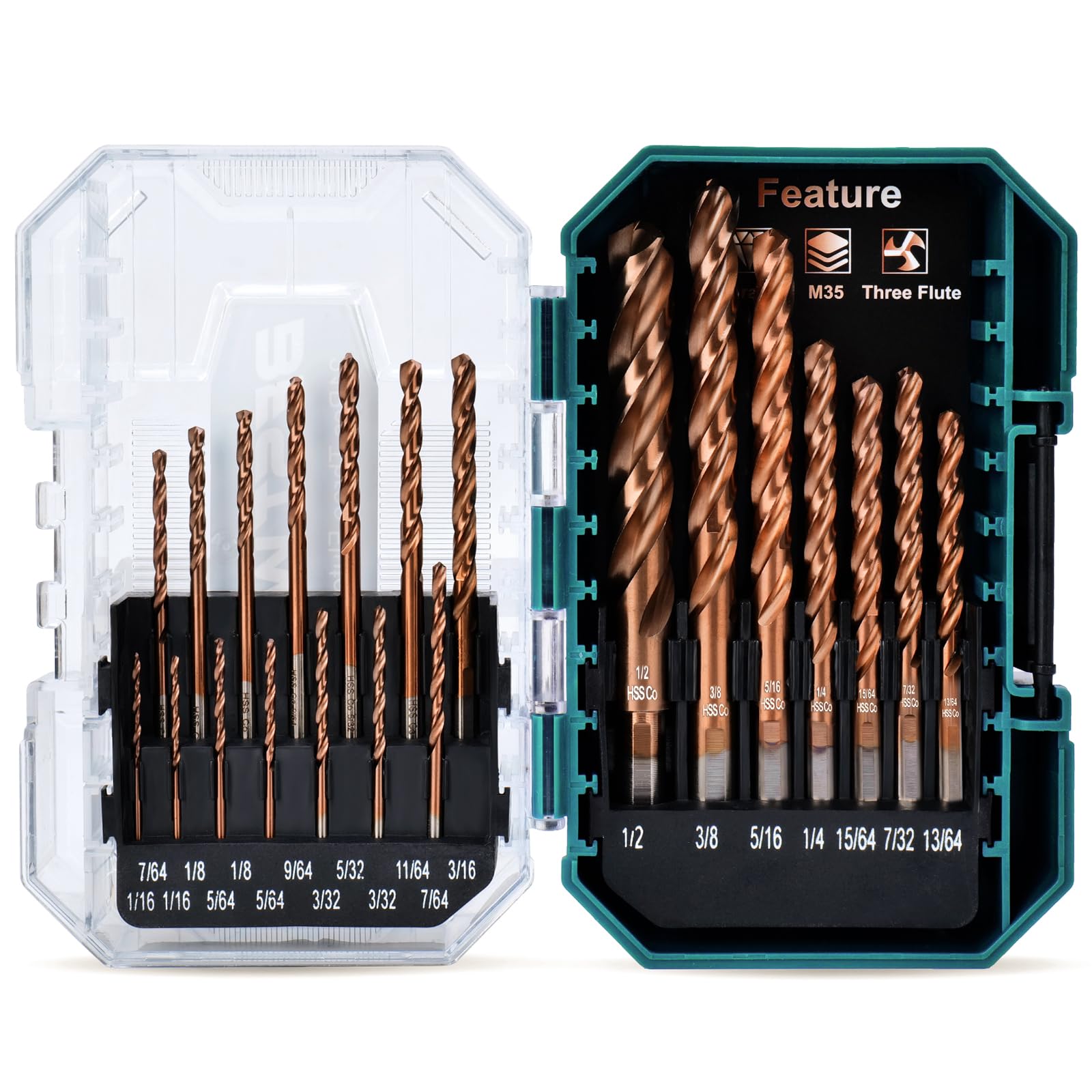 Bestwork 3-Flute Cobalt Drill Bit Set, M35 Metal Drill Bits for Metal and Steel, 3-Flats Shank, 135 Degree Split Point, for Hardened Steel, Stainless