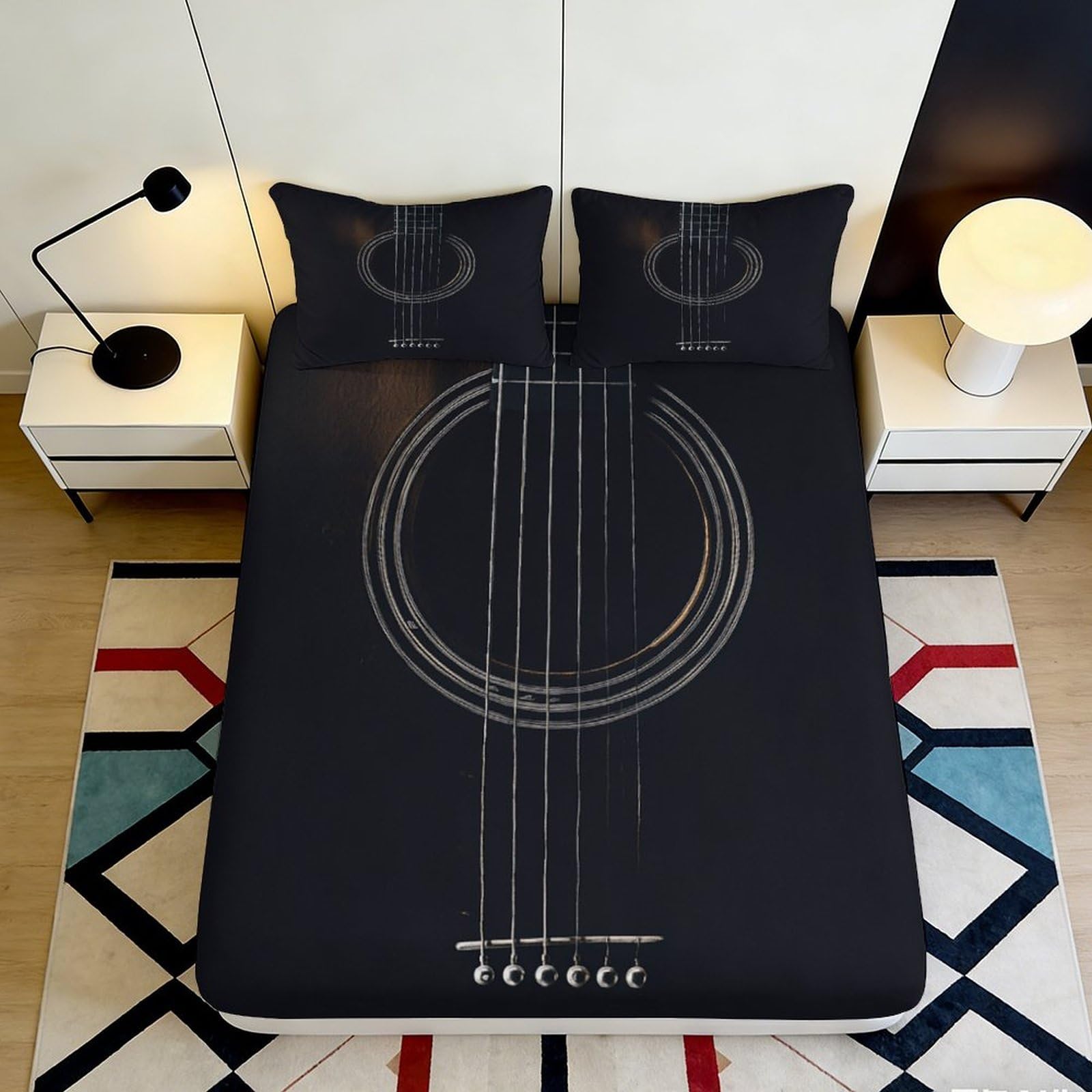 3D Printed Guitar String Fitted Sheet Microfiber Black Musical Instrument Bed Cover for Bedroom Dorm Mattress Decor 160x200x25cm