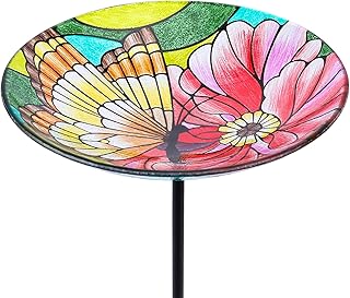 MUMTOP Glass Bird Baths for Outdoors, 12 Inch Bird Bath Bowl with Metal Stake, Butterfly and Flower Bird Feeders for Garden and Patio Decor