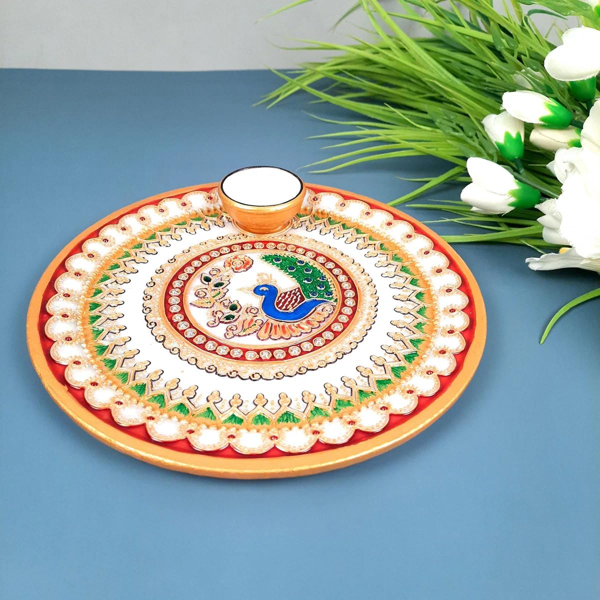 Marble Puja Thali with Diya/Bowl | Aarti Plate with Intricate Detailing & Peacock Design - for Pooja, Weddings, Temple, Rakhi, Karwachauth & Festival Decor - 9 Inch