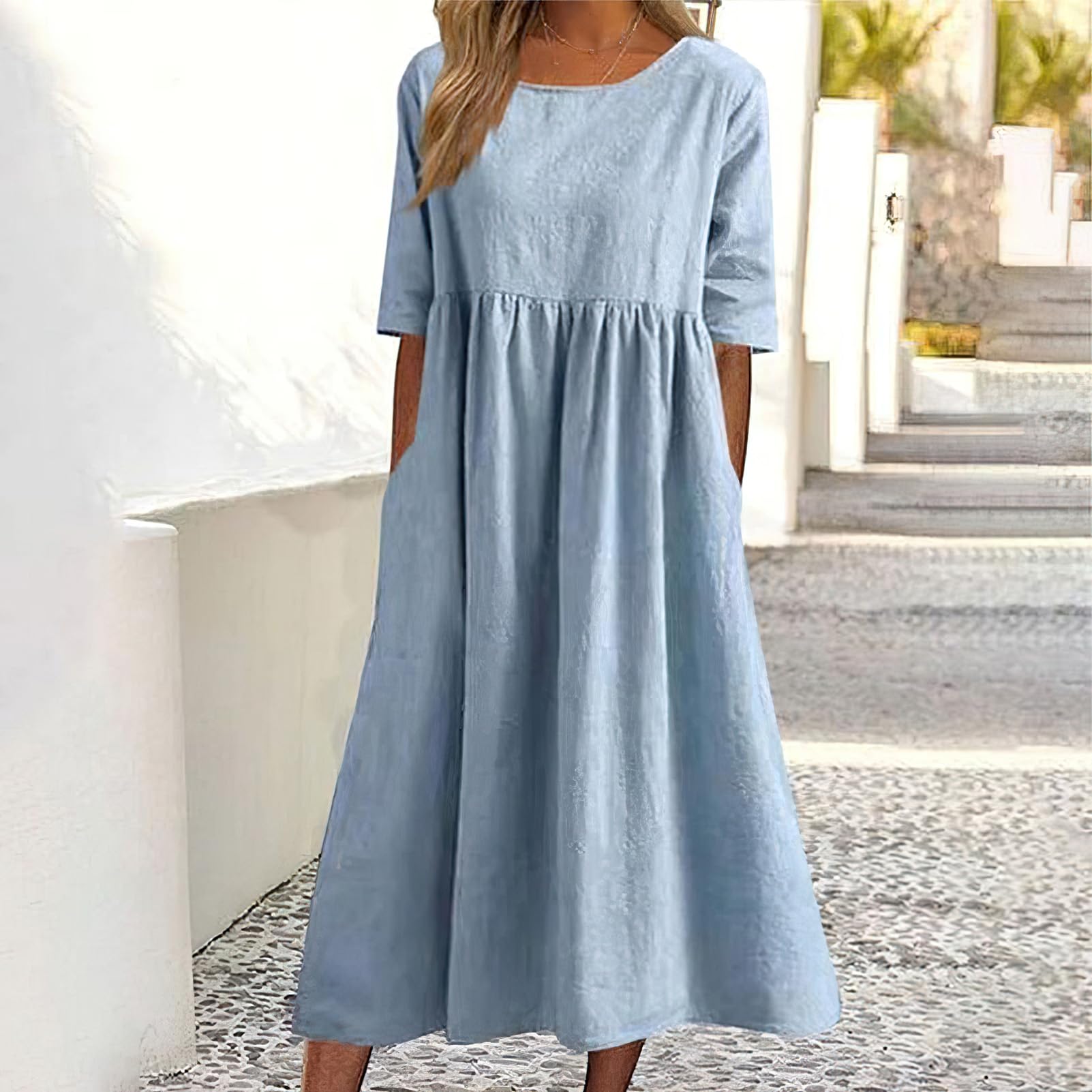rismart Robe Femme Manches Courtes en Lin D'été A-Line Longue avec Poches