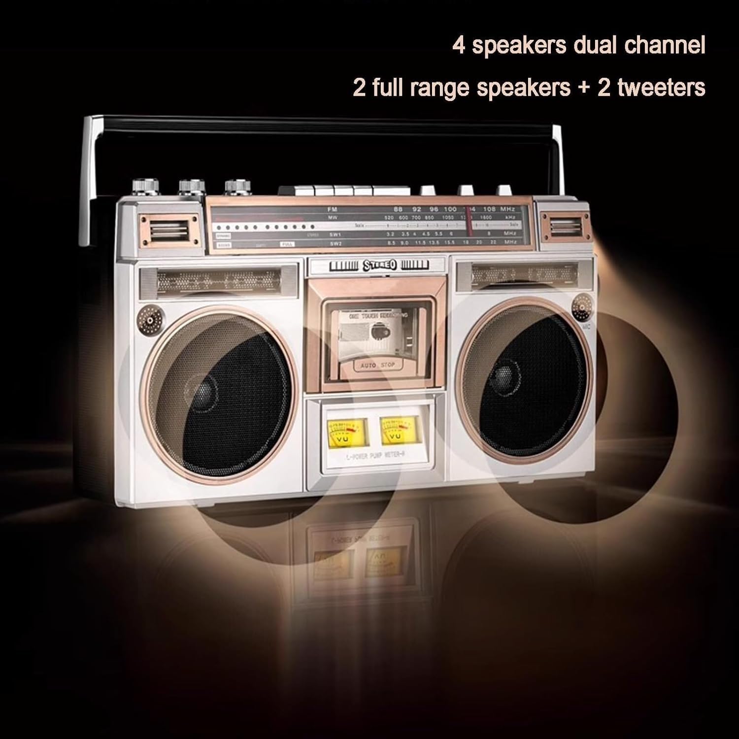 Przenośny Boombox z odtwarzaczem kasetowym i rejestratorem, radiem AM/FM, wejściem SD/USB, wbudowanym głośnikiem, styl retro, klasyczny styl, design z lat 80-tych, do zabawy muzyką i dźwiękiem