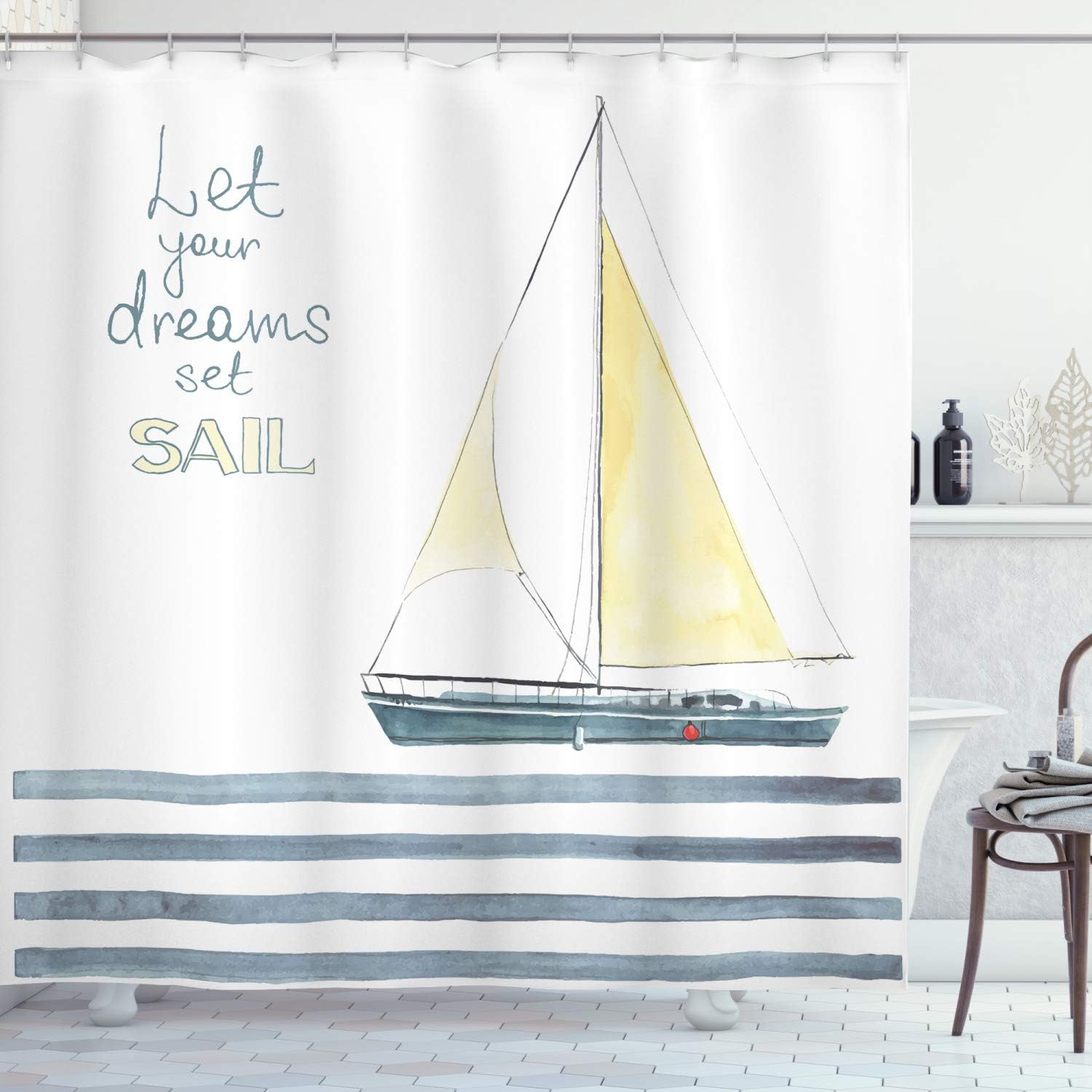Ambesonne Nautical Shower Curtain, Let Your Dreams Set Sail Words Stripes Yacht Interior Navigation Theme, Cloth Fabric Bathroom Decor Set with Hooks, 69" W x 70" L, Pale Blue White
