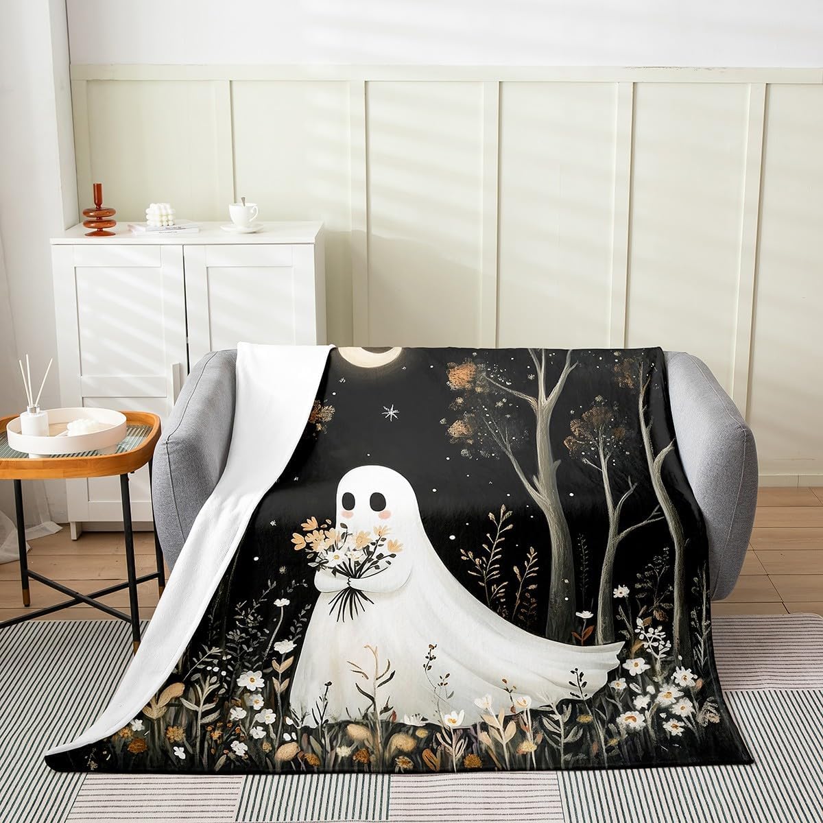 Cute Ghost Fleece Blanket,Rainy Night Umbrella Halloween Ghost Bed Blanket for Kids Teens,White Daisy Flowers Rustic Jungle Flannel Blanket for Room Decor,Queen 90"x90"
