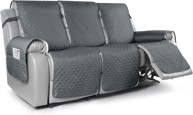 TAOCOCO 3 Seater Recliner Chair Cover,Armchair Recliner Cover with Storage,Loveseat Recliner Slipcover for Leather Sofa,Washable Recliner Sofa Protector with Elastic Straps(Dark Grey)
